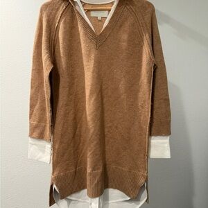 Brochu Walker Tan V-Neck Sweater with Cream Layered Detail